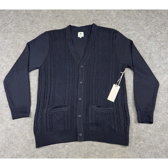 New Craft & Flow Cardigan Sweater Mens XL Blue Navy Cable Knit Pockets Preppy - Picture 1 of 8